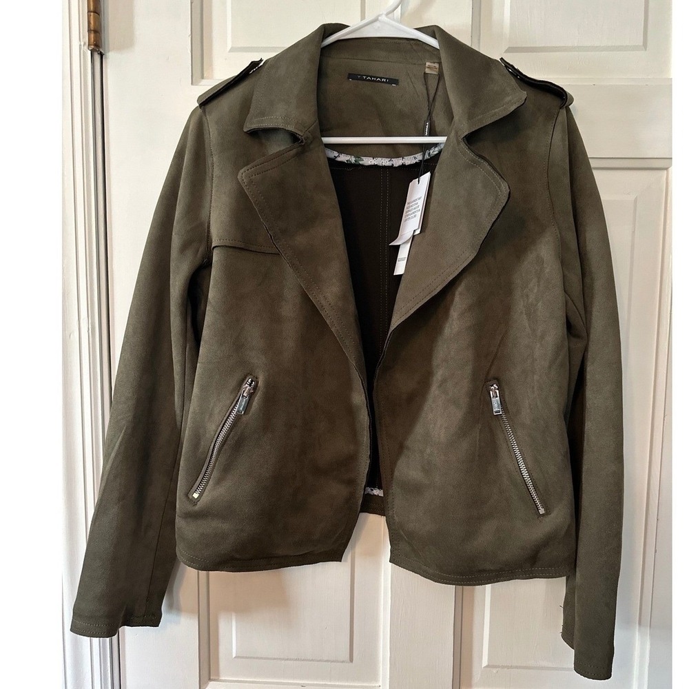 T Tahari Nordstrom Rack Moss Green‎ Faux Suede Moto Biker Jacket - M NWT